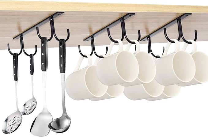 MOCOUM Under Cabinet Mug Rack, Rustic Mug Organizer Rack Cup Holder Under Shelf 12 Hanging Hooks Rack for Mugs, Coffee Cups and Kitchen Utensils Display (Black-3 Pack-12 Hooks)