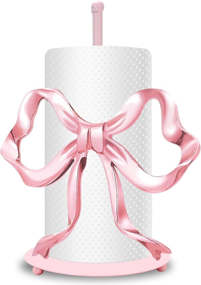 JarThenaAMCS Valentine's Day Trendy Bow Paper Towel Holder Cute Pink Bow Knot Kitchen Decor Accessories Large Metal Towel Holder Stand for Coquette Home Party Bathroom Countertop