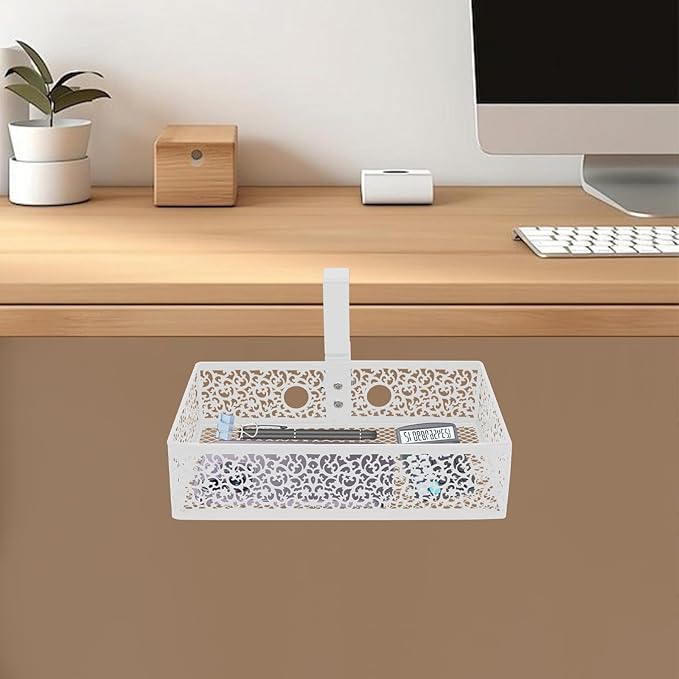 360° Rotatable Under Desk Storage Basket, Clamp-On Slide-Out Organizer for Office Desk, 12×8×4 in Metal Mesh Tray, Movable Pen File Headphone Holder, No-Drill Swivel Hanger, Under Table Shelf