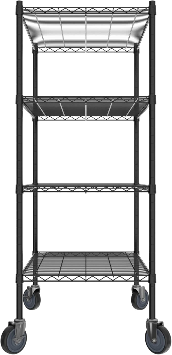 Commercial NSF Listed Black Epoxy Mobile Wire Shelving Kit 24" x 36" x 60", with 4 Shelves Perfect for Warehouse, Walk-in Refrigerator, Freezer, Grocery Store, Restaurant, Dishroom