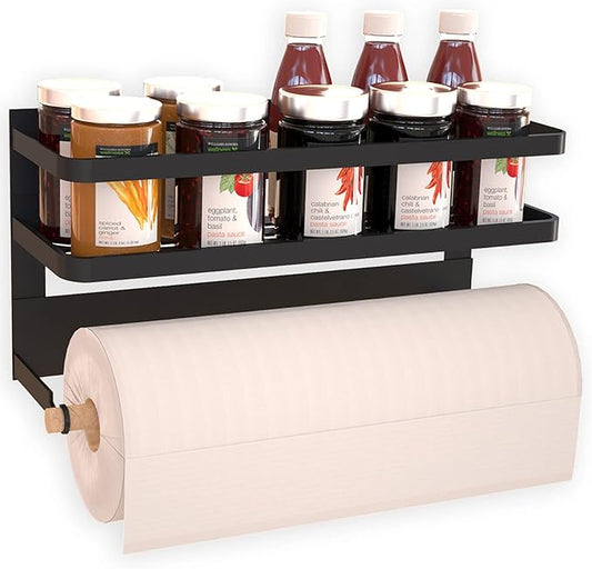 Magnetic Paper Towel Holder for Refrigerator,Magnetic Spice Rack with Paper Towel Rack Storage Organizer Fridge Shelf,Used for Kitchen,Bathroom, Drill Free (B-Black) (Black)