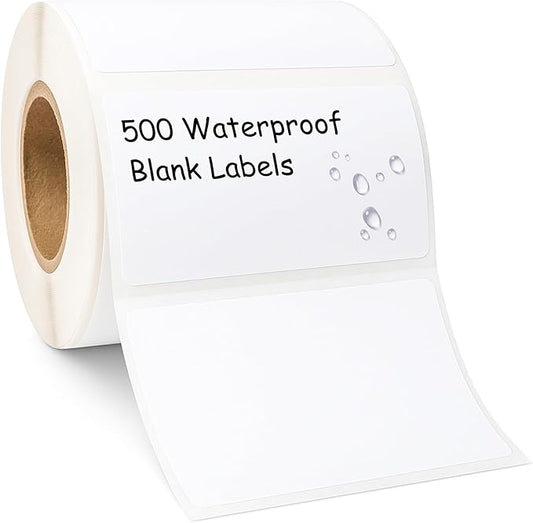 Blank Waterproof Label Stickers, White Write-On Polypropylene Labels with Strong Permanent Adhesive, 70mm x 40mm (2.8” x 1.6”), 500/Roll, Durable for Bottles, Storage Bins, Pantry & Cleaning Supplies