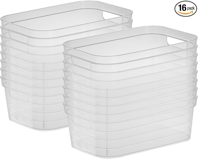 Sterilite 4.25 x 8 x 12.25 Inch Small Modern Storage Bin w/Comfortable Carry Through Handles & Banded Rim for Household Organization, Clear (16 Pack)