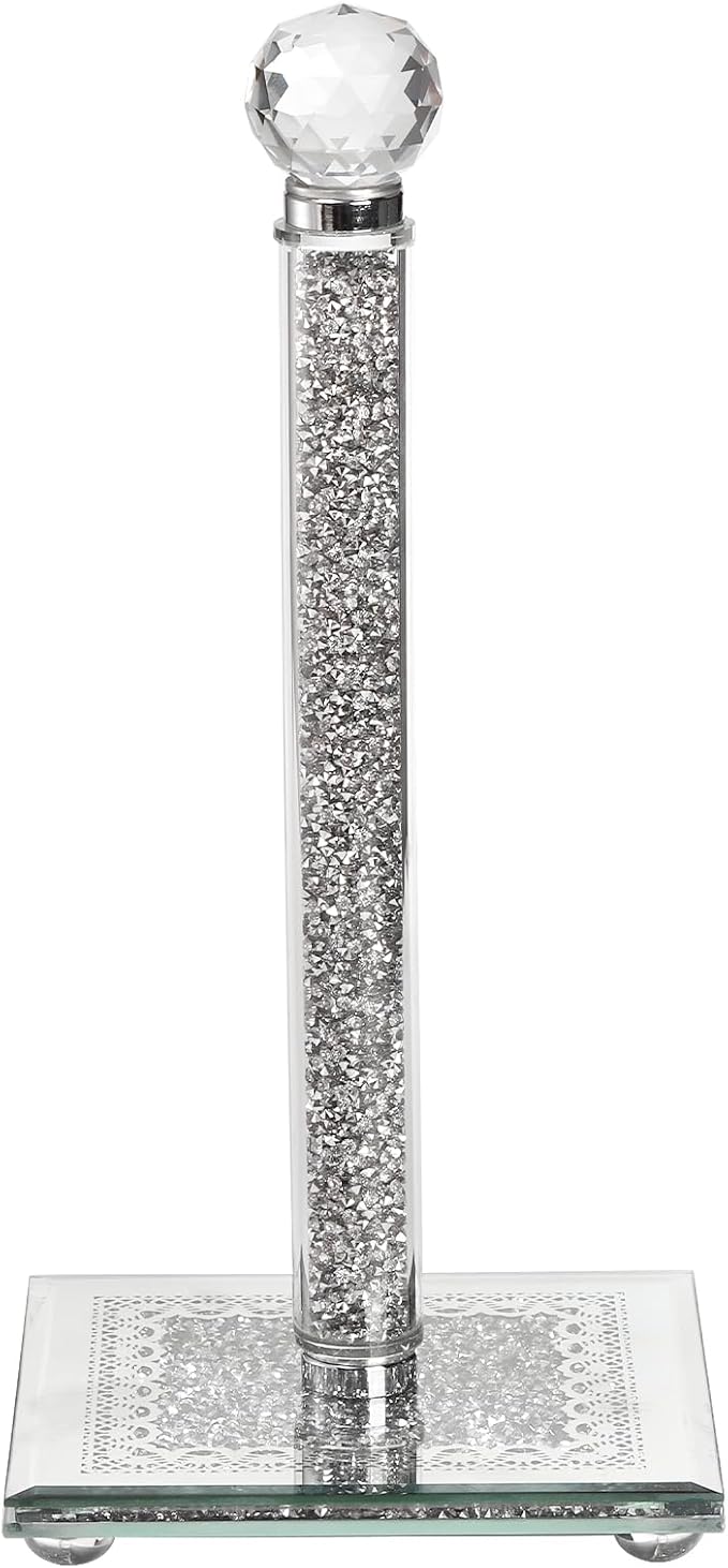 Suwimut Paper Towel Holder Countertop, Silver Paper Towel Roll Dispenser Stand Weighted Base Non Slip Filled with Sparkly Crystal Crushed Diamond for Home Kitchen Bathroom Tabletop