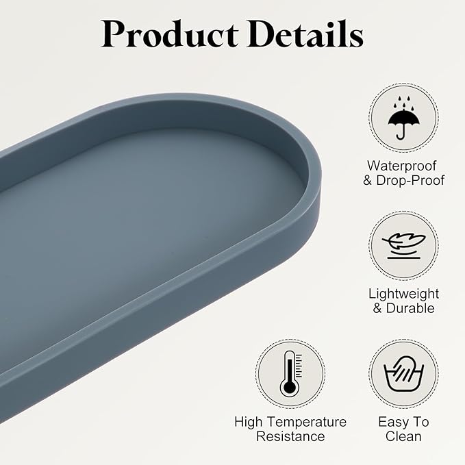 uxcell Bathroom Vanity Tray, 11.8" x 5" Oval Silicone Soap Dispenser Trays, Shatterproof Kitchen Sink Organizer for Soaps Keys Candle Trinket, Gray