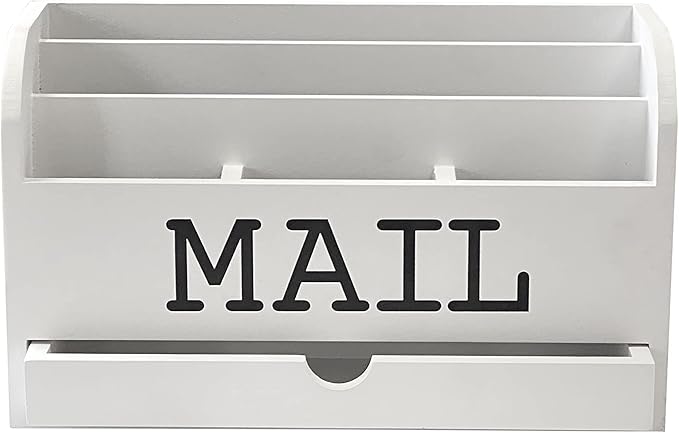 White Desk Organizer Wooden Mail Storage box for tabletop office home,5 compartments with Drawer (4x11.8x7 in)
