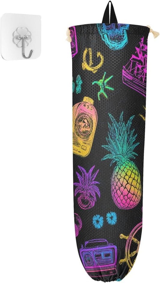 Plastic Bag Holder Wall Mount Grocery Bag Shopping Bag Storage Holder Organizer Dispenser with Adhesive Hook,for Kitchen Bathroom Home Decor 9x22 Inches Neon Ships Pineapple Skull Black27