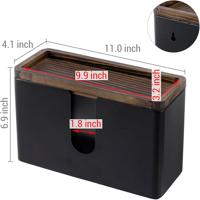 MyGift Wall Mounted Deluxe Black Metal Folded Commercial Paper Towel Holders with Burnt Solid Wood Tray Lids, Hanging Trifold Multifold Z Fold Disposable Napkin Dispensers, 11 & 10 Inch, 2 Piece Set