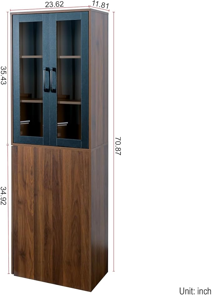 Walnut Tall Storage Cabinet with Glass Doors and Rolling Cart, 71” Wooden Pantry Cabinet with 4-Tier Pull-Out Shelf, Modern Display Bookcase for Kitchen, Bathroom, Study, Living Room