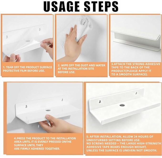 Acrylic Floating Shelves, Adhesive Wall Mount Command Shelves for Bathroom, Kitchen, Dorm - Renter-Friendly Easy Install Wall Shelves for Home Decor and Organization (Glossy White-4 Pack)