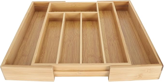 Kitchen Silverware Organizer Expandable for Cutlery and Utensils, Adjustable Wood Utensil Storage Cutlery Tray for Drawers, Kitchen Drawer Organizer Utensil Holder Makeup Organizer with(7 Slots A)