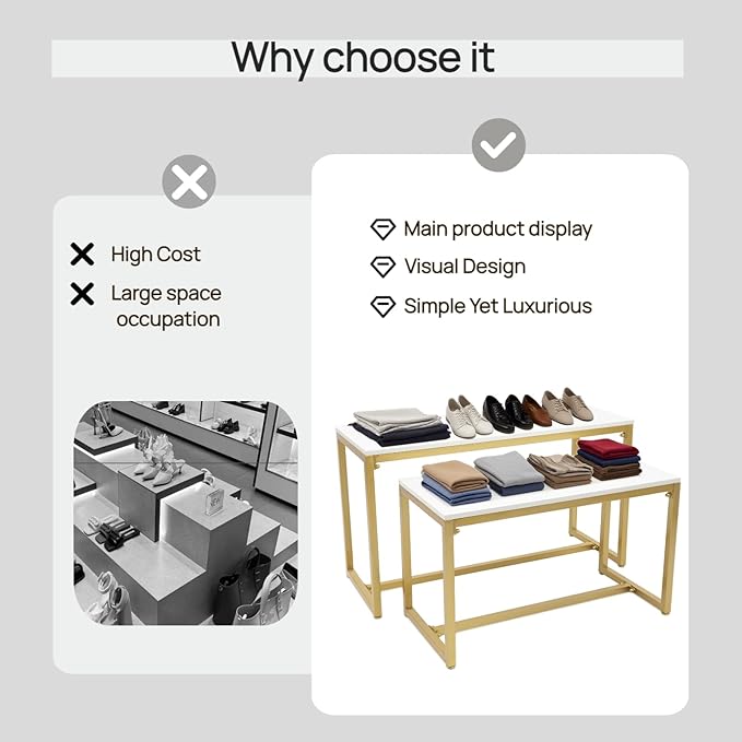 Gold 2-Piece Set Retail Display Tables, 31+40IN Width Modern Nesting Display Tables - Metal Display Riser Shelf for Shoes, Handbags, Home, Clothing Shops & Retail Stores -110lbs Load Capacity