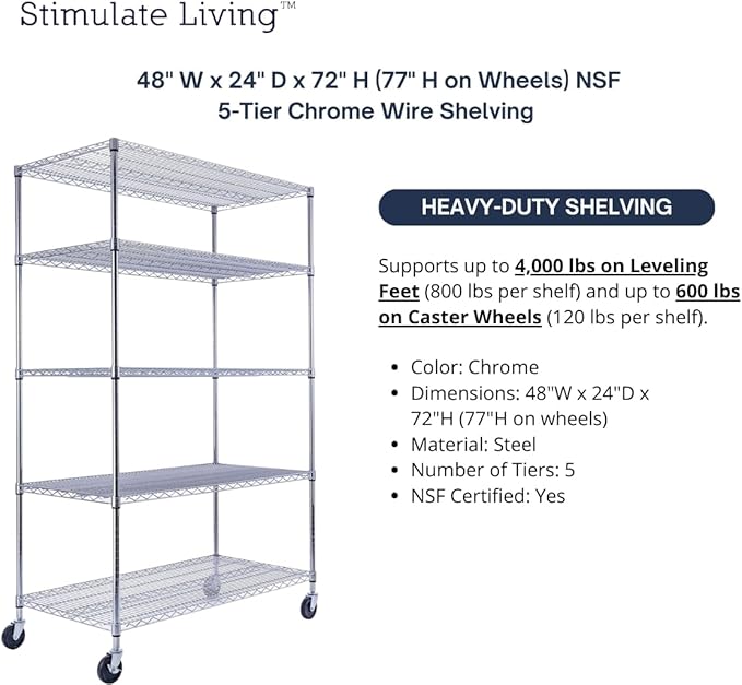 48"x24"x72" Prime Heavy Duty Chrome 5-Tier Steel Wire Shelving NSF 4000 LBS MAX Capacity Storage Rack for Commercial, School, Home, Garage, Warehouse, Industrial, and Hospital Uses (with Wheels)