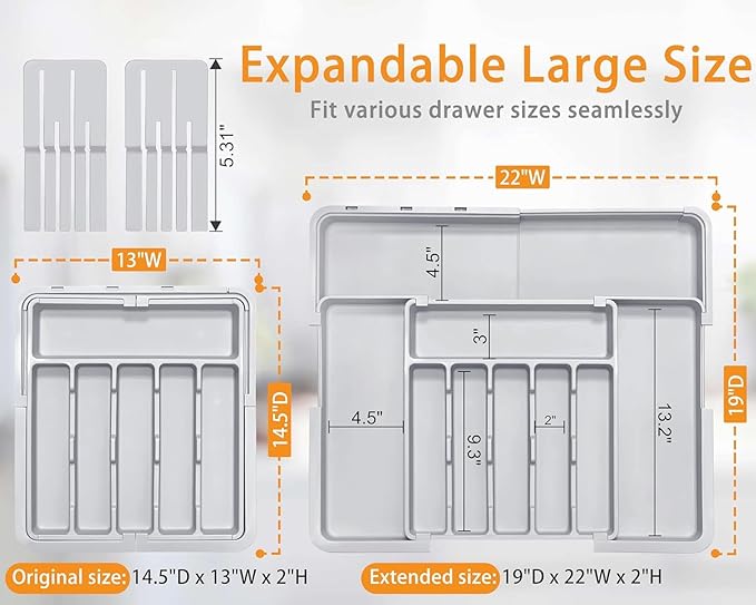 Silverware Organizer Expandable Utensil Drawer Organizer Adjustable Drawer Organizer, Flatware Cutlery Silverware Tray for Spoons Forks Knives Kitchen Organizers Storage (Gray Plus)