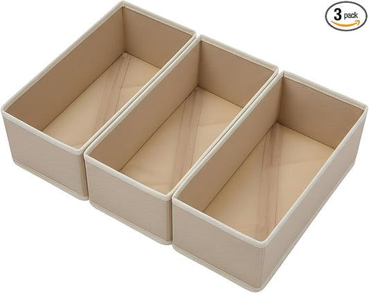 Sock Drawer Organizer 3 Pack - Collapsible Fabric Storage Bins for Underwear Divider, Small Closet Organizers with 3 Compartments, Khaki