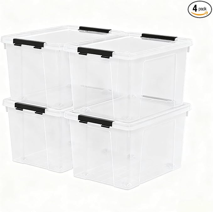 Parlynies 4-Pack 32 L Plastic Storage Box with Lid, Stackable Latch Storage Bin with Wheels, Clear