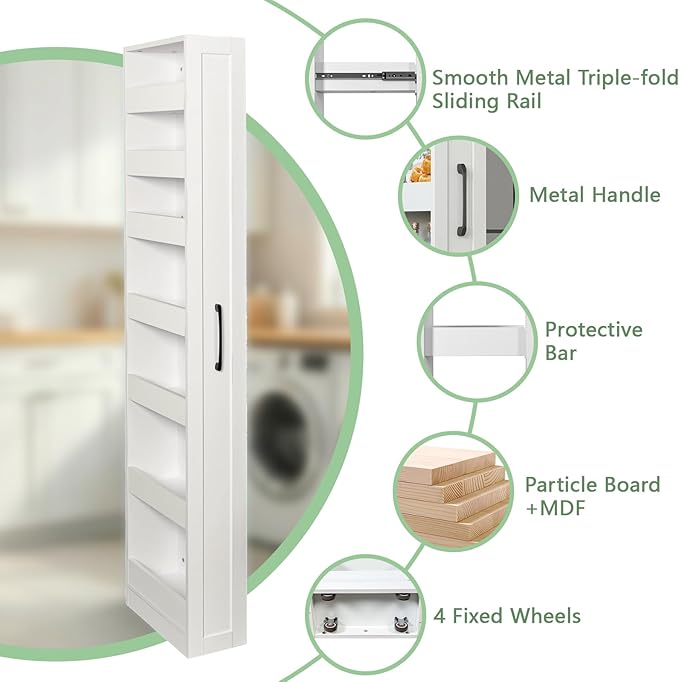 7 Tier Slim Rolling Pantry Storage Cart Wood Spice Rack on Wheels Next to Fridge Mobile Shelving Unit Space-Saving Narrow Pull-Out Utility Cart for Kitchen Bathroom Laundry Narrow Places, White