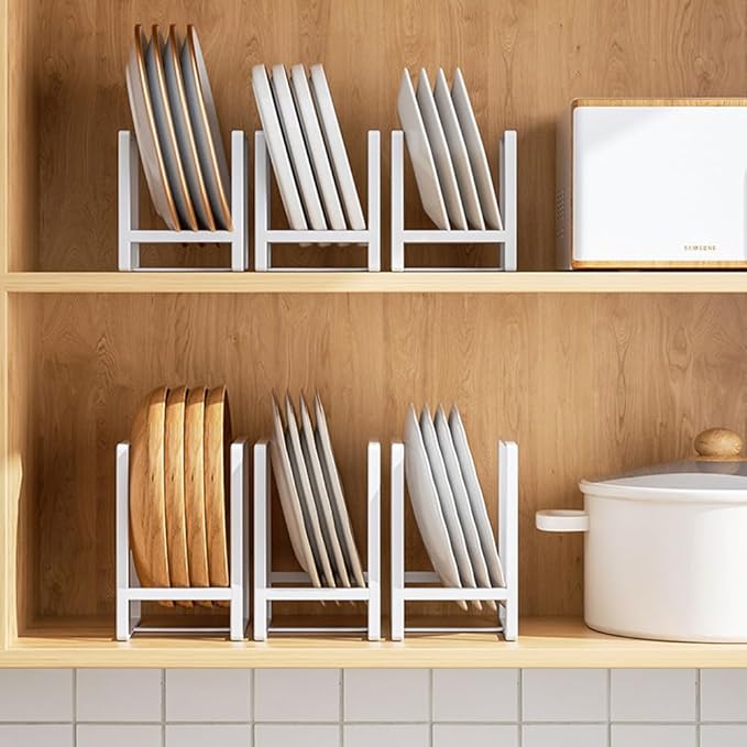 2PCS Plate Holders Organizer, Metal Dish Storage Dying Display Rack for Cabinet, Counter and Cupboard - White， Small and Large