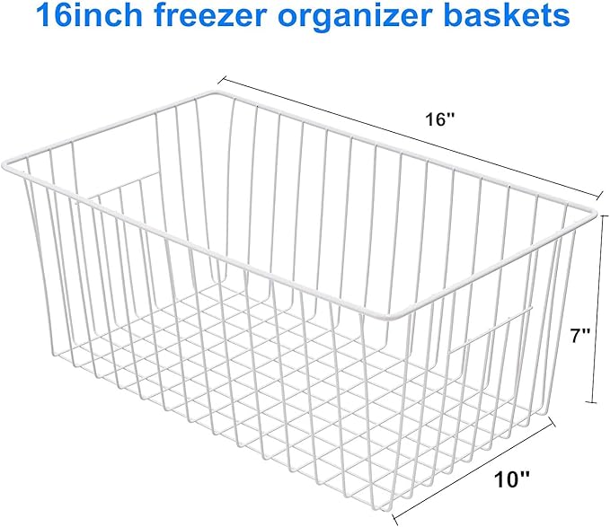 Y.Z.Bros 16inch Freezer Storage Organizer Baskets, Household Wire Refrigerator Bins with Built-in Handles for Cabinet, Pantry, Closet