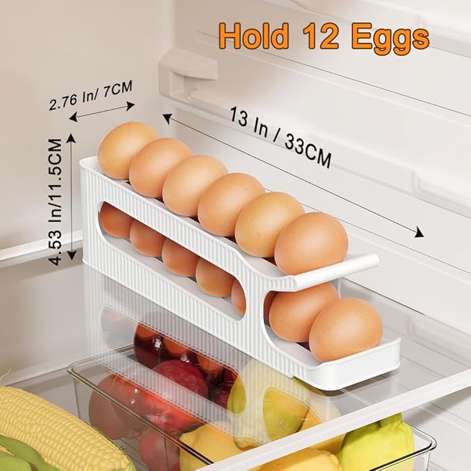 Egg Holder for Fridge, 2 Tiers Auto Rolling Egg Storage Organizer for Refrigerator, Slim Space Saving Container, Dispenser - Egg Roller for Eggs 12 Count