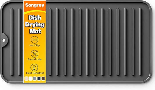 Songrey 12" x 6.5" Silicone Dish Drying Mat, Kitchen Counter Drying Pad for Sink Dishes or Under Rack, Multi-Use as Heat Resistant Trivet, Coffee Bar Mat