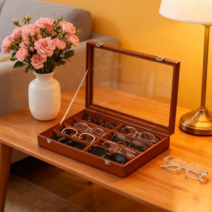 Glasses Holder Box Drawer Sunglass Organizer for Men Clear Wide Storage Case 8 Slots Multiple Reading Glasses Display, Brown Leather With Clear Glass Lid