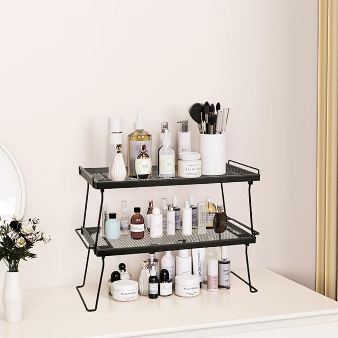 IBERG Set of 2 Stackable Cabinet Shelves, Foldable Mesh Iron Shelf Organizer for Kitchen, Pantry & Bathroom (Black)