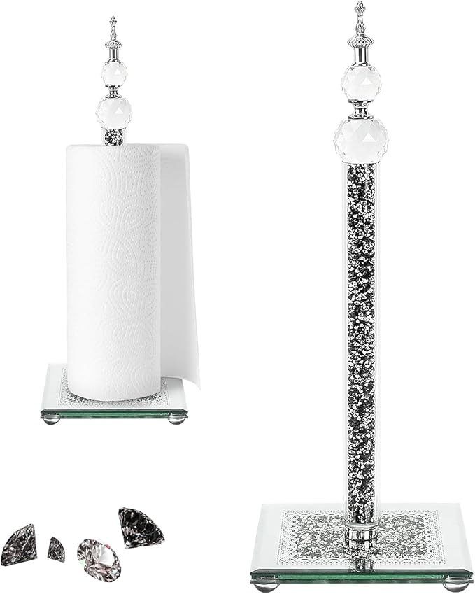 Crystal Paper Towel Holder, Bling Black Paper Towel Roll Holder, Decorative Standing Paper Towel Holder for Kitchen Countertops Bathroom, Paper Towel Dispenser with Weighted Base (Square/Black)