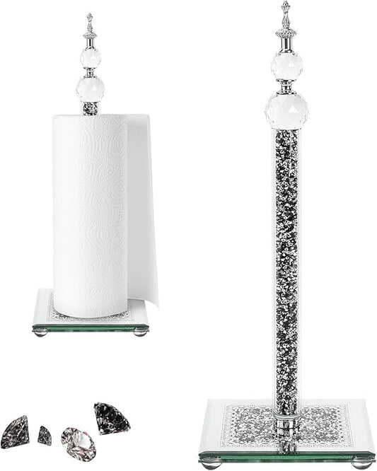 Crystal Paper Towel Holder, Bling Black Paper Towel Roll Holder, Decorative Standing Paper Towel Holder for Kitchen Countertops Bathroom, Paper Towel Dispenser with Weighted Base (Square/Black)