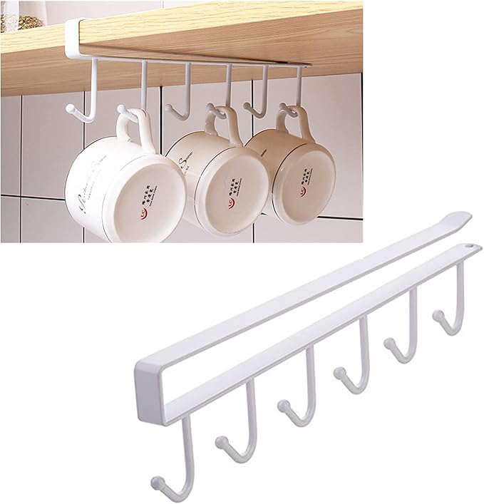 Under Cabinet Coffee Mug Holder - 6 Hooks Cups Storage Rack, Drilling Free, Kitchen Utensil Hanging Hooks Rack 2 Pack (White 2pcs)