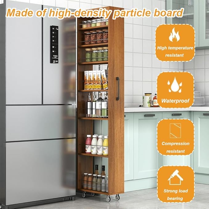7 Tier Slim Storage Cart, Rolling Spice Rack Next to Fridge Slim, Narrow Storage Cabinet, Wood Storage Organizer with Handle Wheels for Kitchen, Dining Room (7 Tier - Oak color2)
