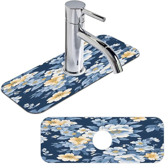 Deep Blue Floral Kitchen Faucet Mat Splash Guard, 15.4”x5.7” Absorbent Quick Drying Sink Mat for Countertop Protection, Draining Mat Sink Protectors For Kitchen Bathroom, 1 Pack