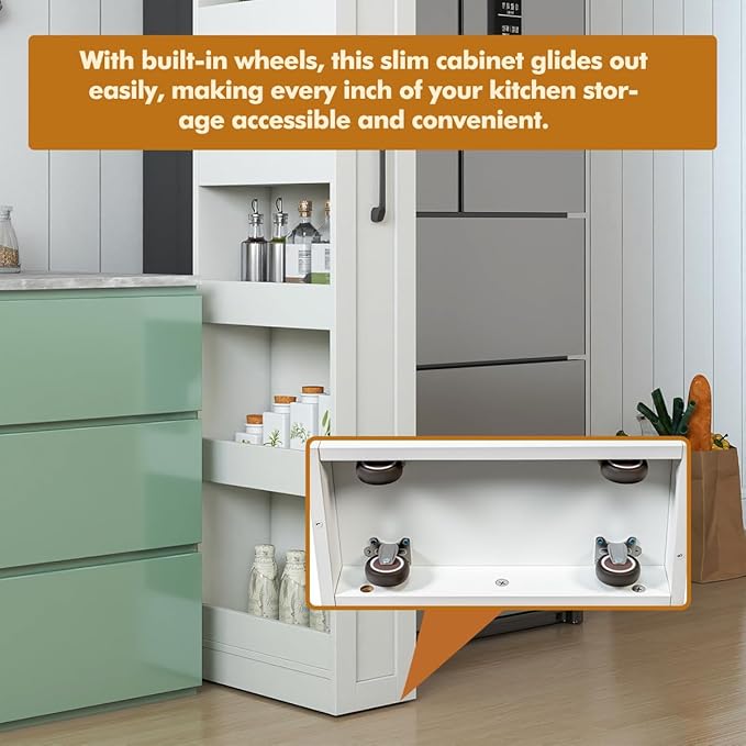 7 Tier multi-functional pull-out storage Cart for Next to Fridge, Rolling Slim Narrow Utility Cart for Small Spaces, Single sided open Spice Rack for Kitchen, Living Room & Narrow Spaces (White)