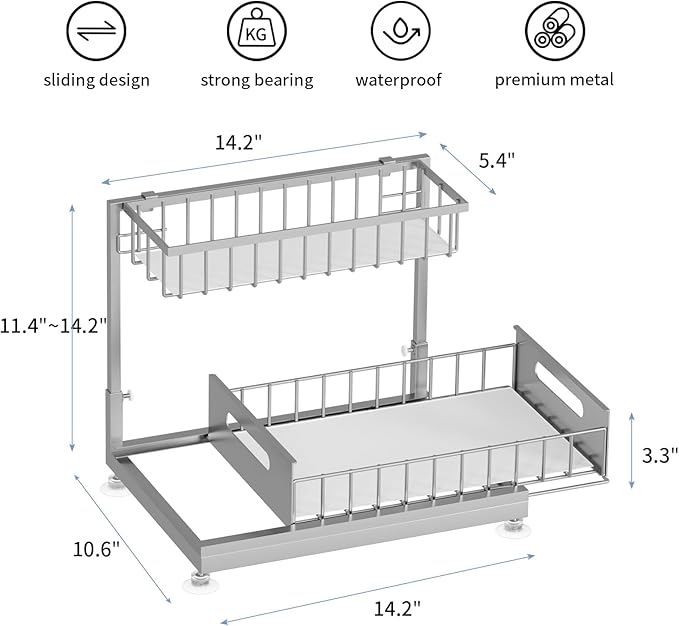 2 Pack Under Sink Organizer Storage 2-Tier Premium Metal Pull-Out Racks, Height Adjustable, Easy Installation | Kitchen & Bathroom Organizers