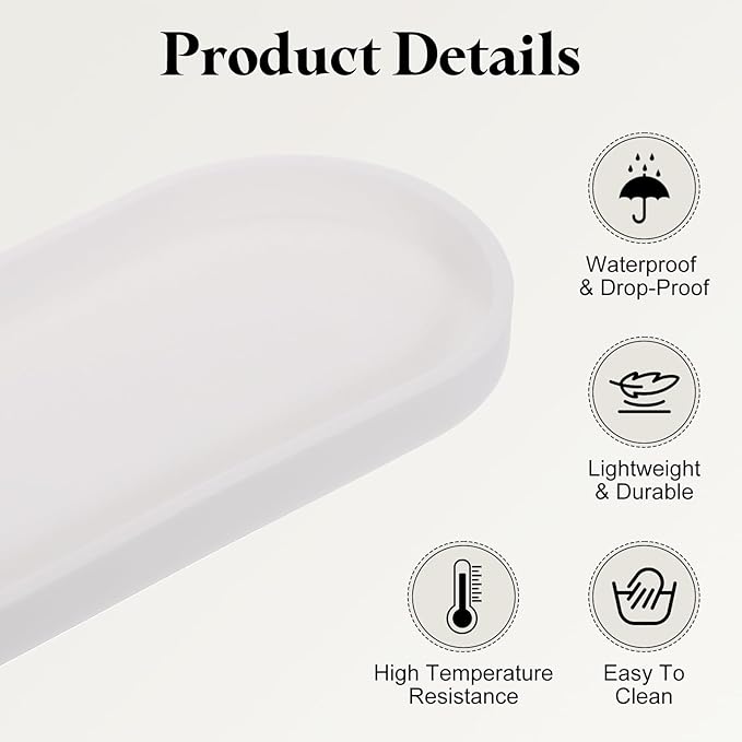 uxcell Bathroom Vanity Tray, 11.8" x 5" Oval Silicone Soap Dispenser Trays, Shatterproof Kitchen Sink Organizer for Soaps Keys Candle Trinket, White