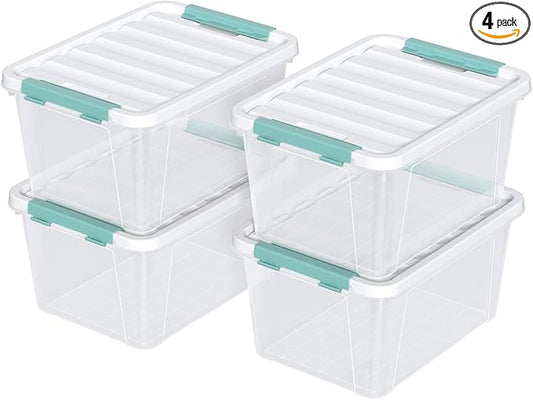 4 Pack 20 Quart Plastic Organizer Bins with Lids, Multi-use Clear Latching Storage Boxes