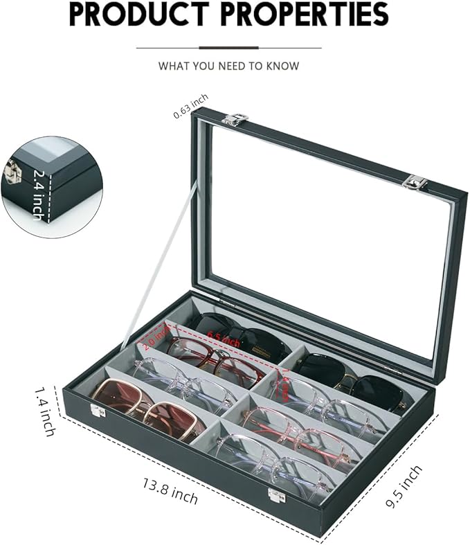 Glasses Holder Box Drawer Sunglass Organizer for Men Clear Wide Storage Case 8 Slots Multiple Reading Glasses Display, Black Leather With Clear Glass Lid