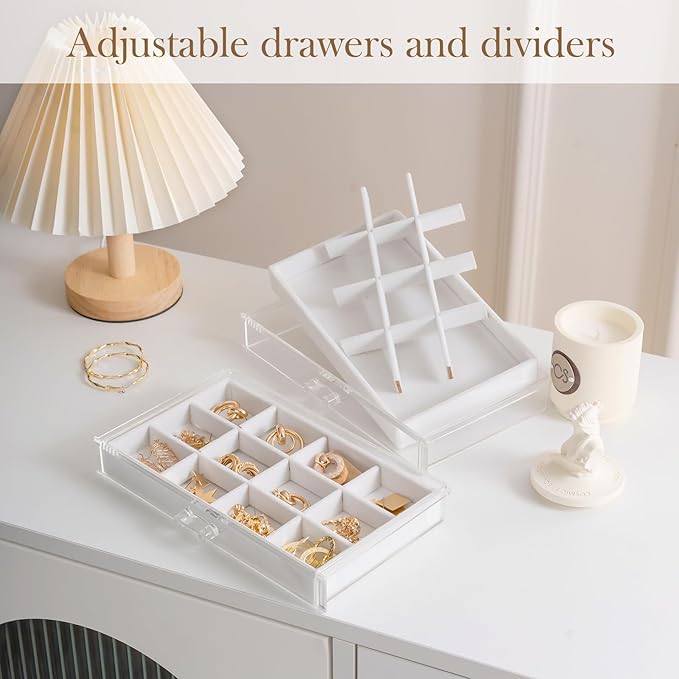 Lolalet Earring Holder Organizer Box Jewelry Storage with 6 Drawers, Clear Acrylic Stackable Earring Case with Adjustable Velvet Trays for Women on Dresser Vanity -Warmwhite, 6 Layers