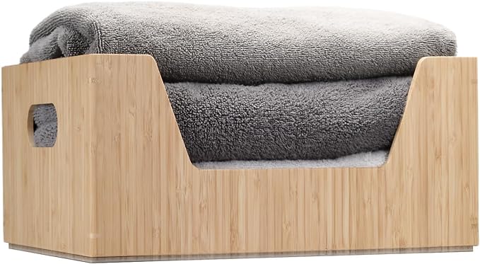Bamboo Storage Box with Open Front Stackable Bin Organizer to use in kitchen pantries, cabinets and countertops, 14 x 11 x 6.5 inches