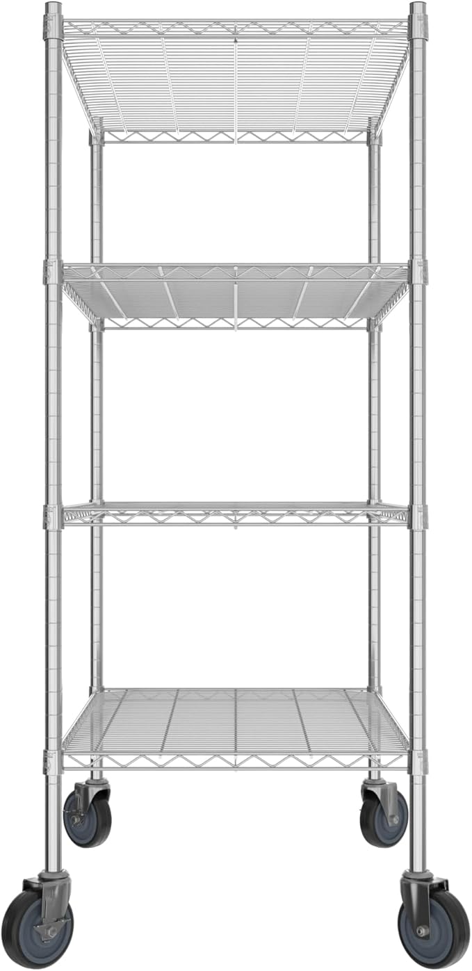 Commercial NSF Listed Chrome Mobile Wire Shelving Kit 24" x 36" x 60", with 4 Shelves Perfect for Warehouse, Walk-in Refrigerator, Freezer, Grocery Store, Restaurant, Dishroom