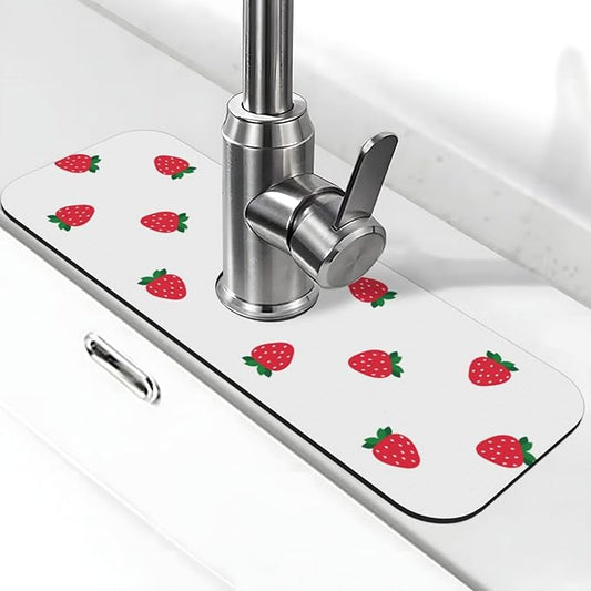 Strawberry Print Strawberries Kitchen Sink Splash Guard Faucet Mat Super Absorbent Fast Drying Mat Sink Gadgets-Fast Drying Pad Sink Mat For Kitchen Bathroom (15" X 5.5" )