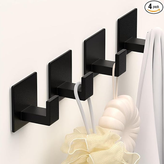 VINHOLD Adhesive Towel Hooks, Shower Hooks for Hanging Robe, Coat, Hat, Loofah, Heavy Duty Wall Hooks Stick on Bathroom, Kitchen and Office (4 Pack, Black)