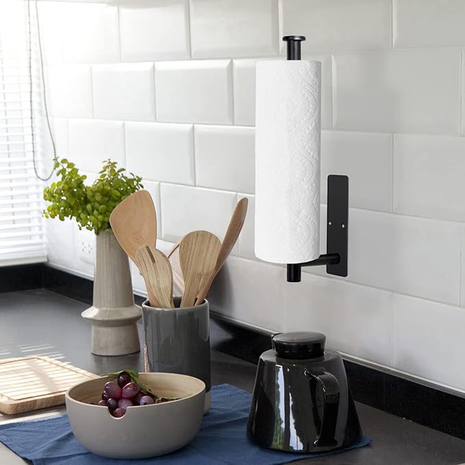 Paper Towel Holder, Under Cabinet Paper Towel Roll Holder Self Adhesive or Drilling, Wall Mounted Matte Black Paper Towel Rack for Kitchen, Bathroom, SUS304 Stainless Steel
