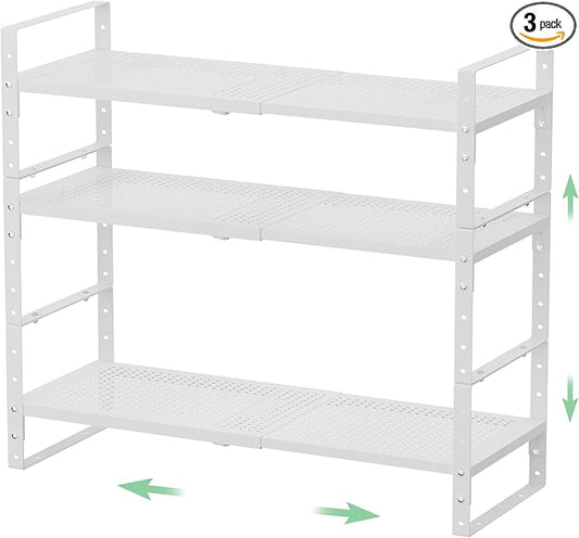 Expandable 16.5-27" W Metal Storage Rack, Shoe Rack with Borders. for Kitchen, Entryway, Closet or Office - Heavy-Duty Steel Construction