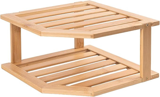 Bamboo Corner Shelf,2 Tier Plate Organizer for Cabinet and Countertop,Pantry Dish and Spice Rack for Kitchen