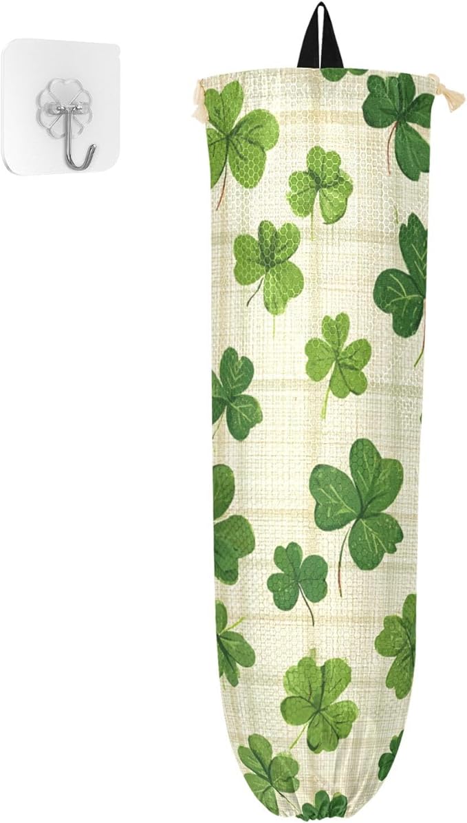 Plastic Bag Holder Wall Mount Grocery Bag Shopping Bag Storage Holder Organizer Dispenser with Adhesive Hook,for Kitchen Bathroom Home Decor 9x22 Inches Beige Checkered Clovers01