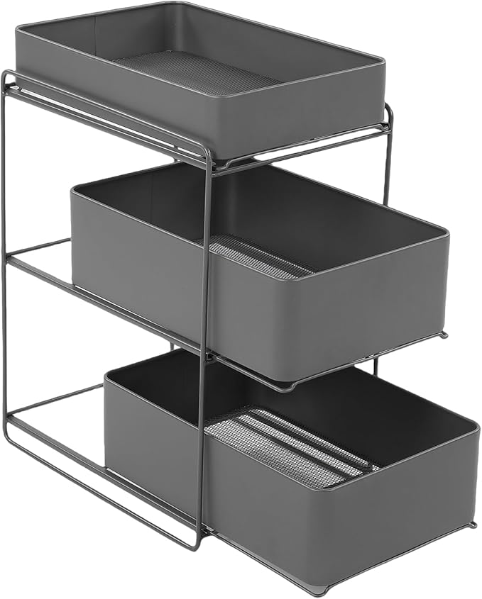 Under Kitchen Sink Organizer 3 Tier Under Sink Organizer with Sliding Storage Drawer Space Saving Steel Pull Out Shelf Large Capacity Under Bathroom Cabinet Organizer for