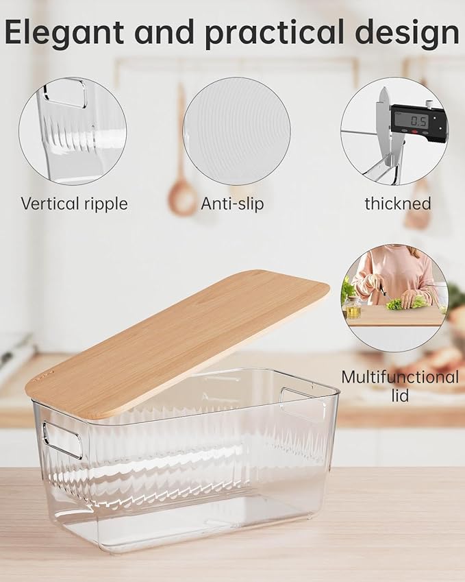 5 Pack PET Fridge Storage Bins with Bamboo Cutting Board | BPA Free Plastic Containers with Handles for Fridge and Freezer Organization
