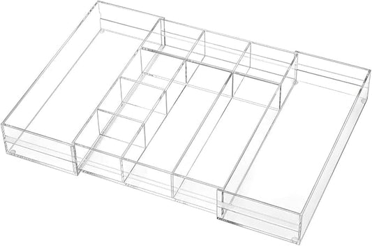 1 PC Acrylic Desk Drawer Organizer 2 Inch Height Expandable Drawer Organizer Trays with 8 Adjustable Compartments Desk Accessories for Makeup Silverware Office Bathroom(Clear,Elegant)