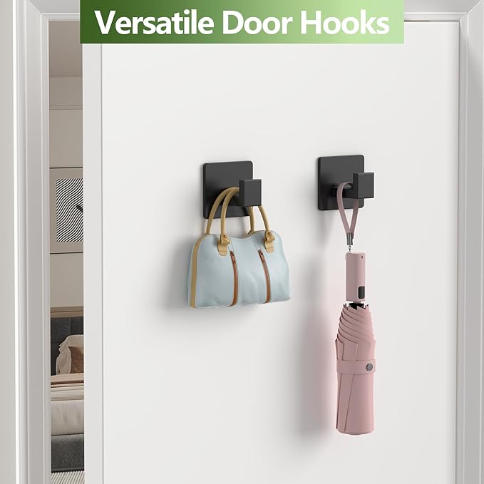VINHOLD Adhesive Shower Hooks, Towel Hooks for Hanging Robe, Coat, Hat, Loofah, Heavy Duty Wall Hooks Stick on Bathroom, Kitchen and Office (2 Pack, Black)